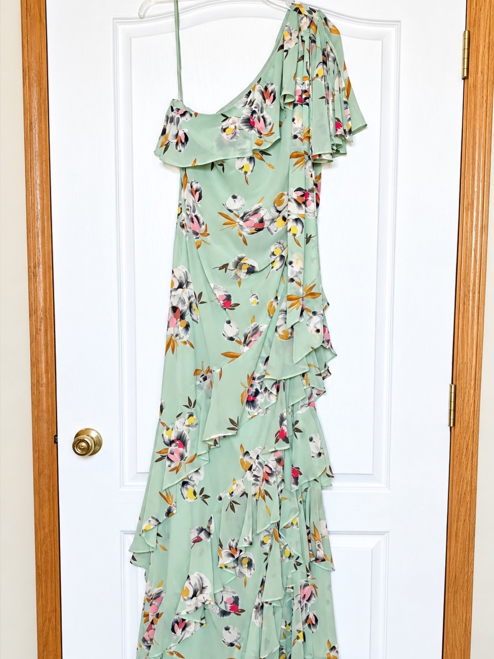 Ralph Lauren One-Shoulder Sage Floral Ruffle Gown